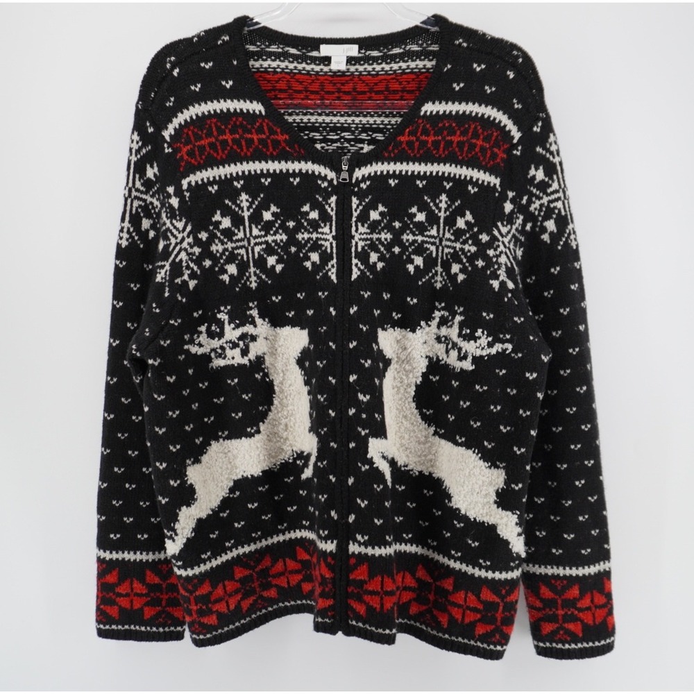 J. Jill Reindeer Fair Isle Zip Front Cardigan Sweater Black Red Wool Blend Large